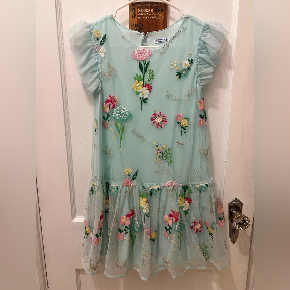 Mayoral pale aqua green embroidered tulle dress. Excellent condition